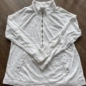 Lilly Pulitzer White Quarter Zip Pullover XL Embossed Floral Sweatshirt Womens